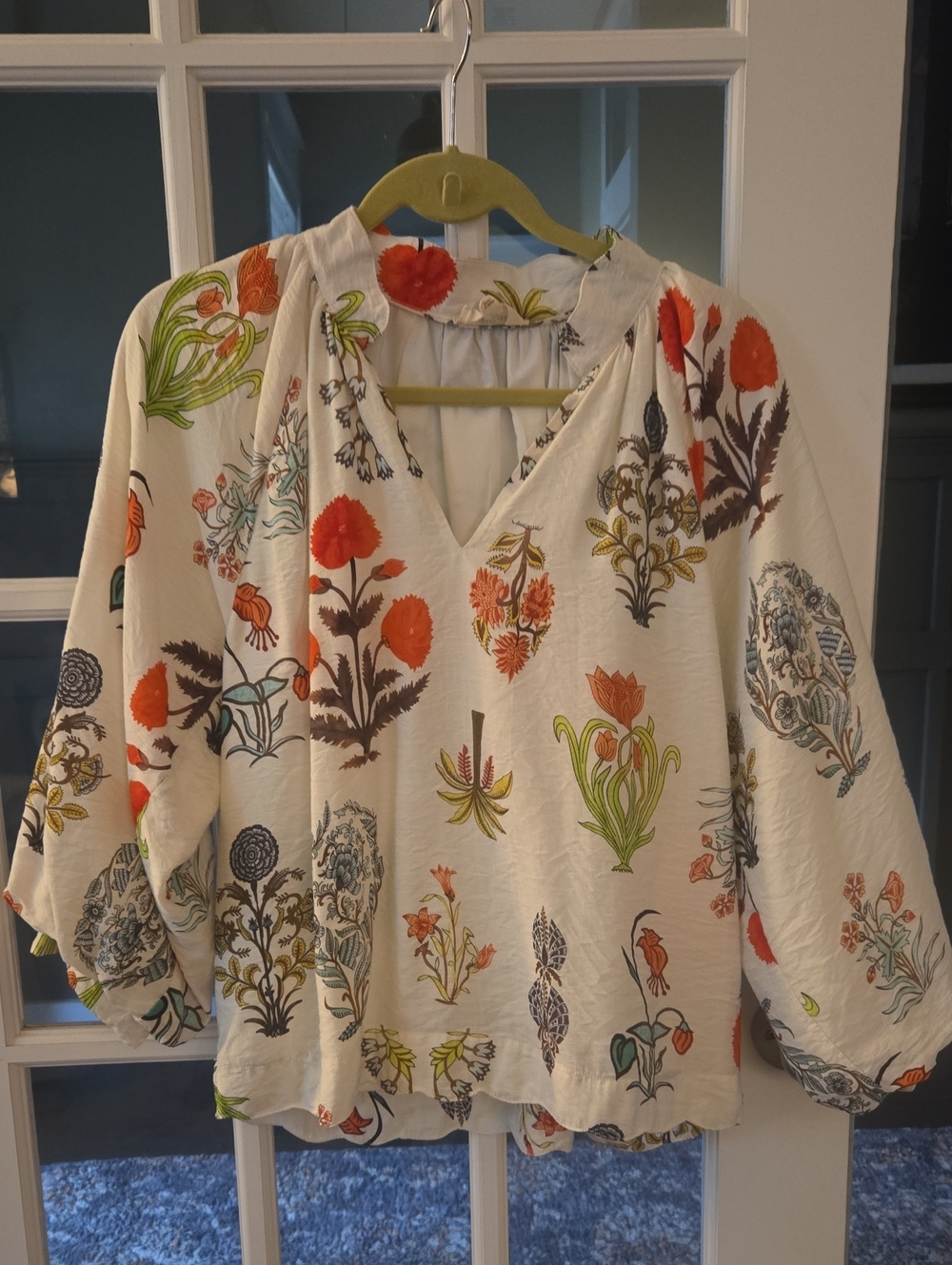 Umgee Ivory Floral V-Neck Blouse with Orange Accents